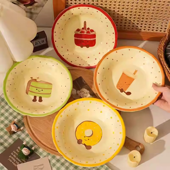 Adorable Ceramic 8inch Dessert Plate – Underglaze Cake & Snack Dish set of 4 - Picture 1 of 5
